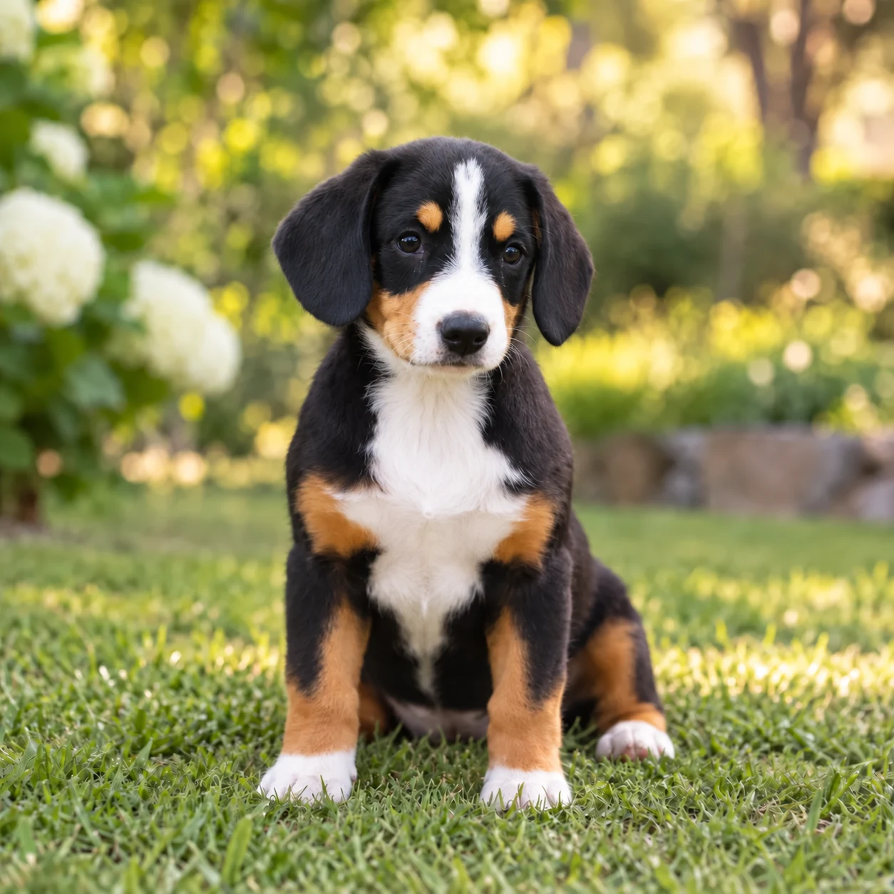 Entlebucher mountain dog puppy sitting on the grass in the garden