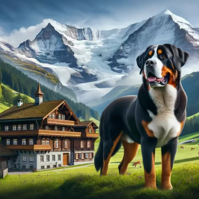 Illustration: Mountain Dog against the backdrop of the Alpine mountains